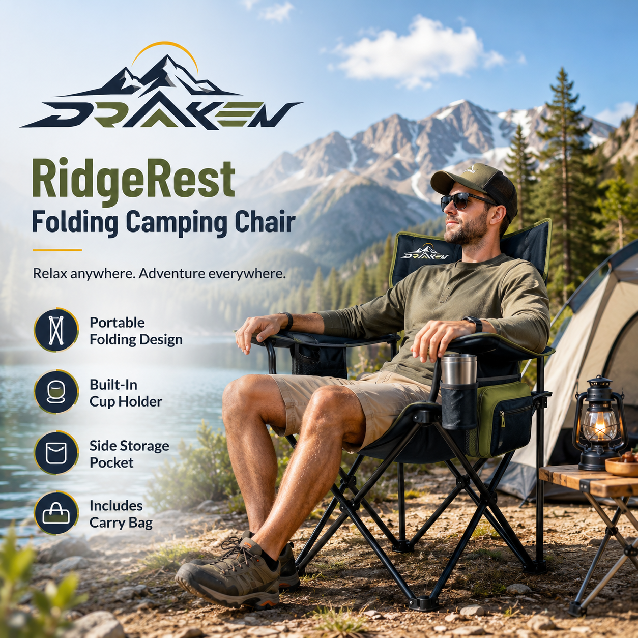 Drovaken™ RidgeRest Folding Camping Chair with Cup Holder, Side Pocket & Carry Bag