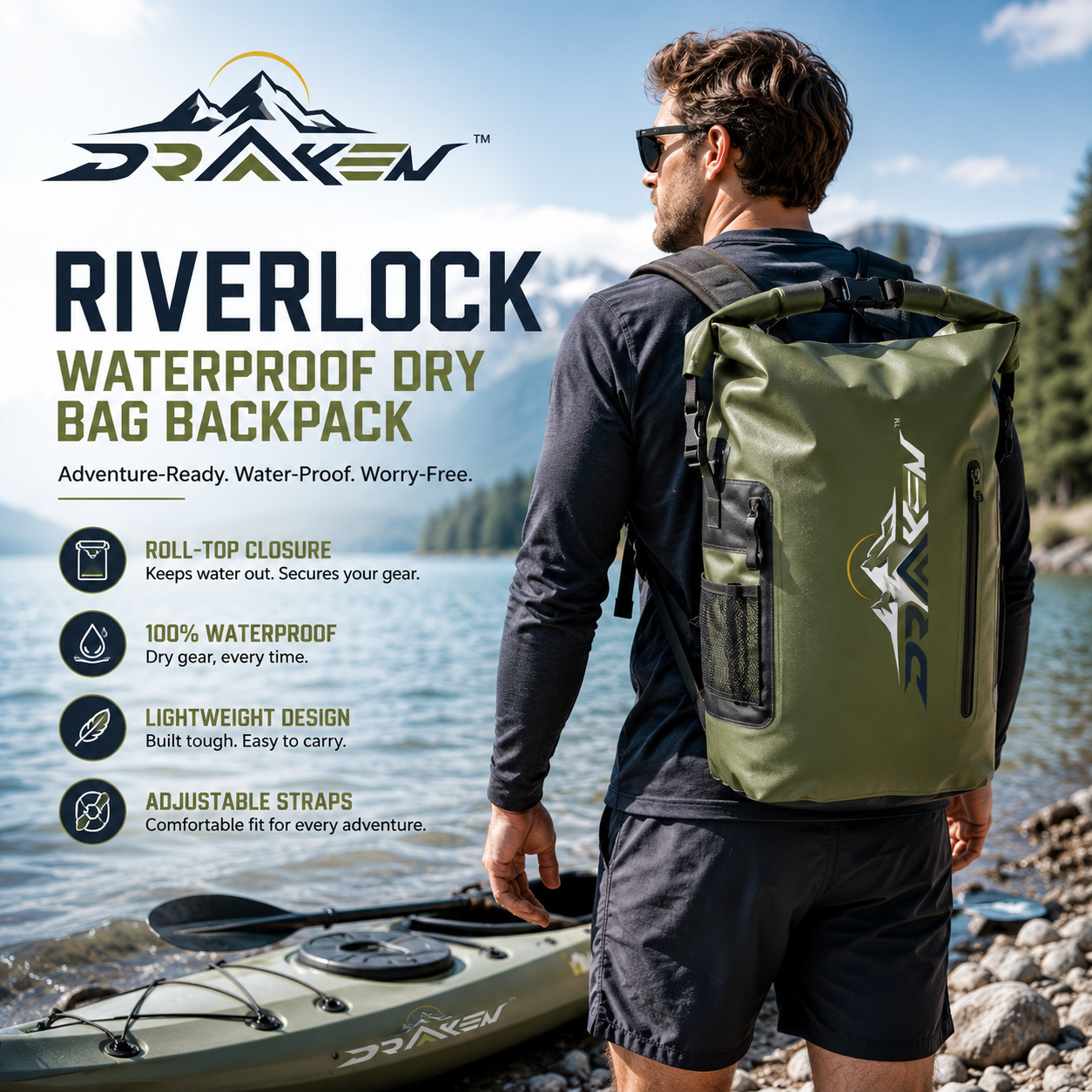 Drovaken™ RiverLock 20L Waterproof Roll-Top Dry Bag Backpack for Kayaking, Beach & Camping