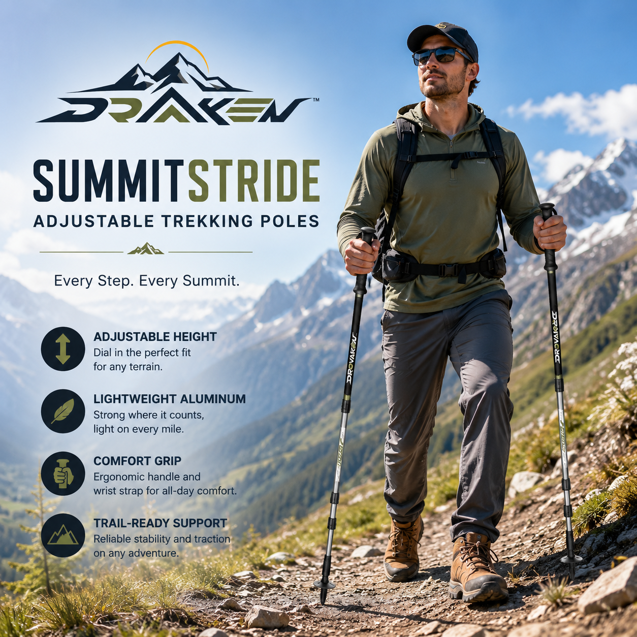 Drovaken™ SummitStride Adjustable Aluminum Trekking Poles with Cork-Blend Grips, Pair