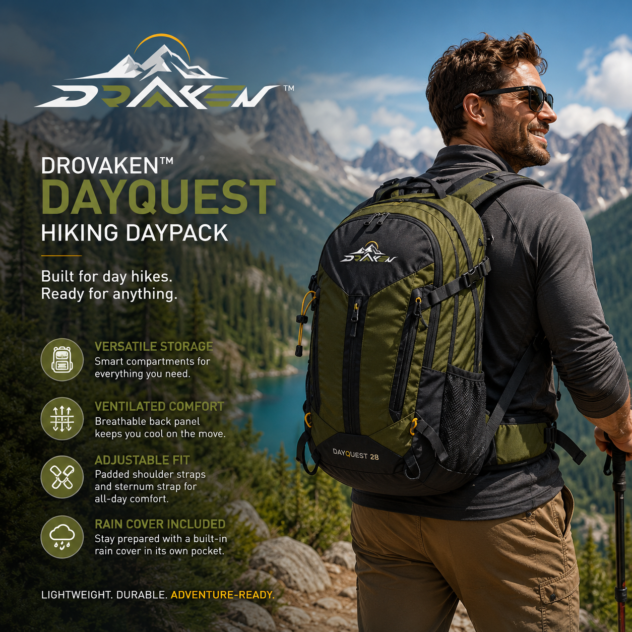 Drovaken™ DayQuest 25L Lightweight Hiking Daypack with Ventilated Back & Rain Cover