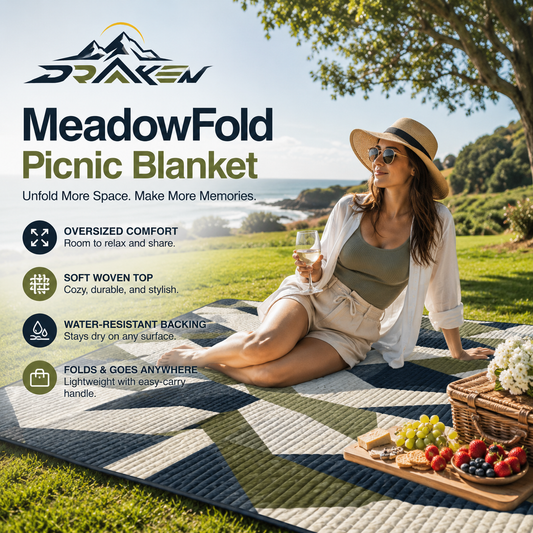 Drovaken™ MeadowFold Oversized Picnic Blanket with Water-Resistant Backing & Carry Handle