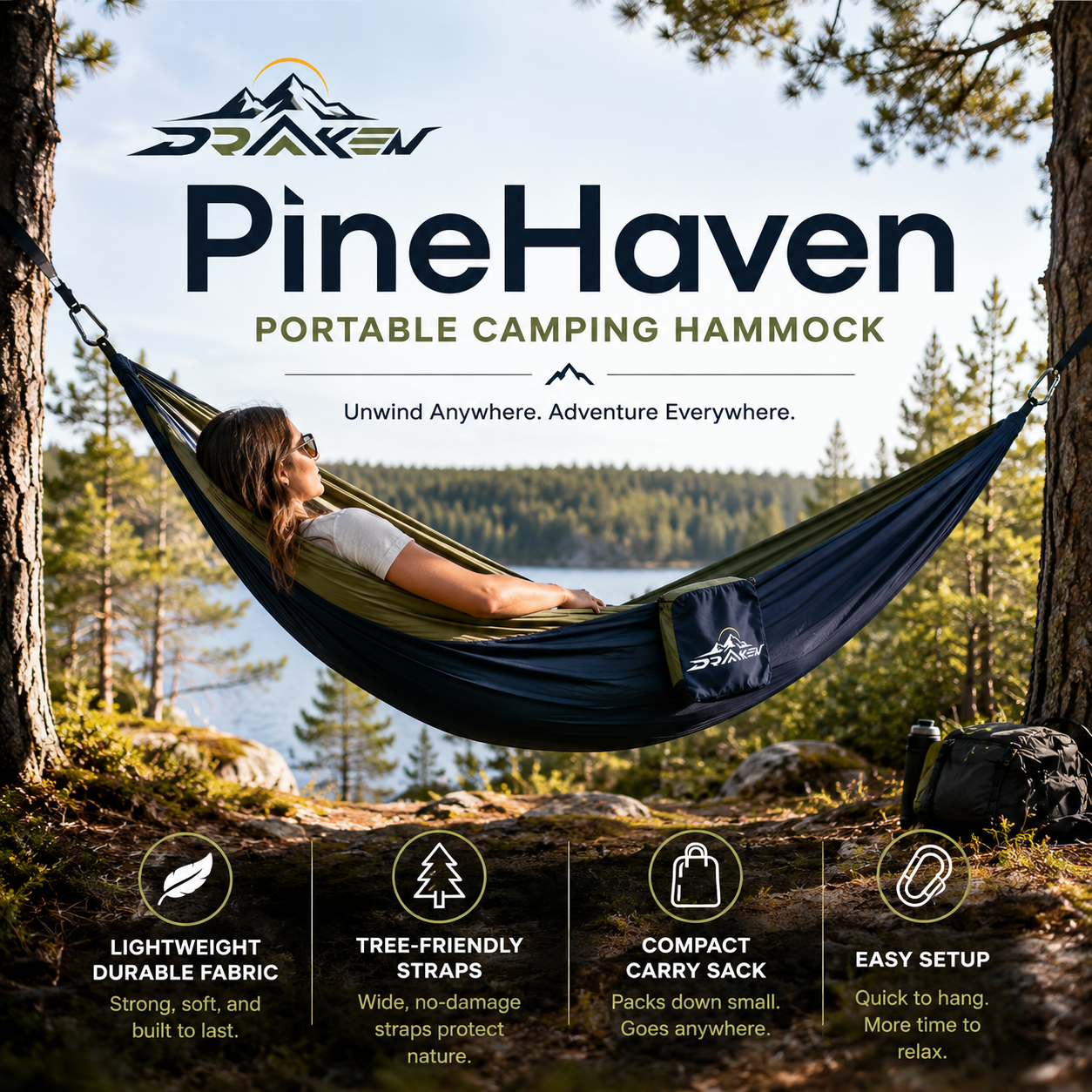 Drovaken™ PineHaven Portable Camping Hammock with Tree-Friendly Straps & Carry Sack