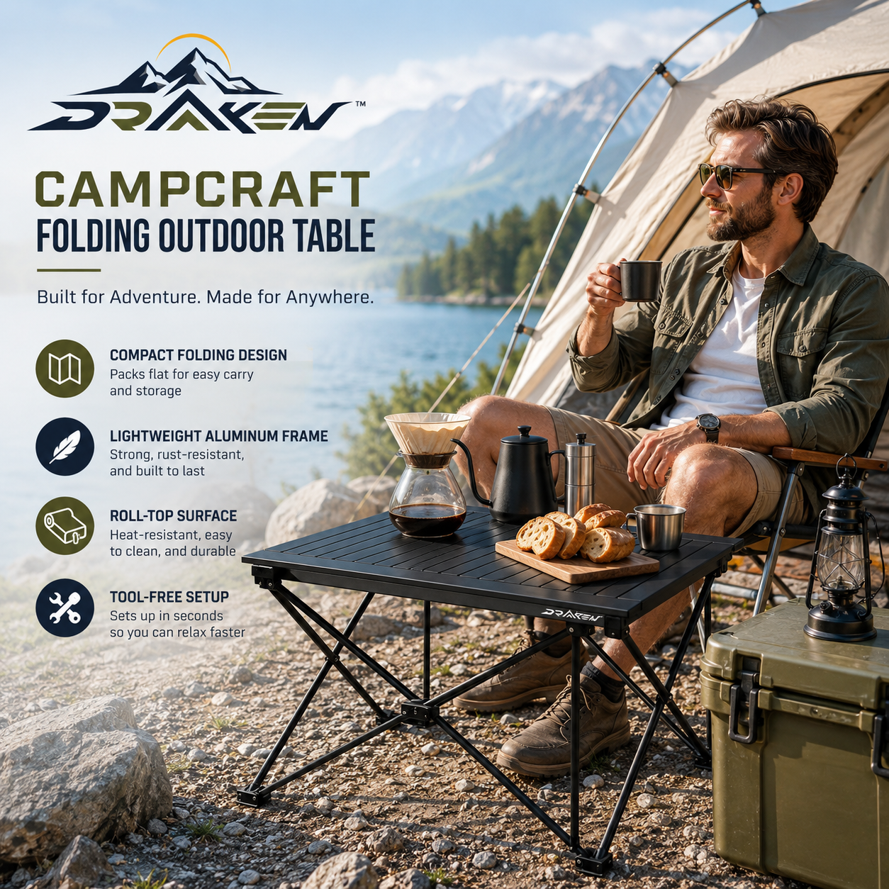 Drovaken™ CampCraft Compact Aluminum Folding Camping Table with Roll-Top Surface