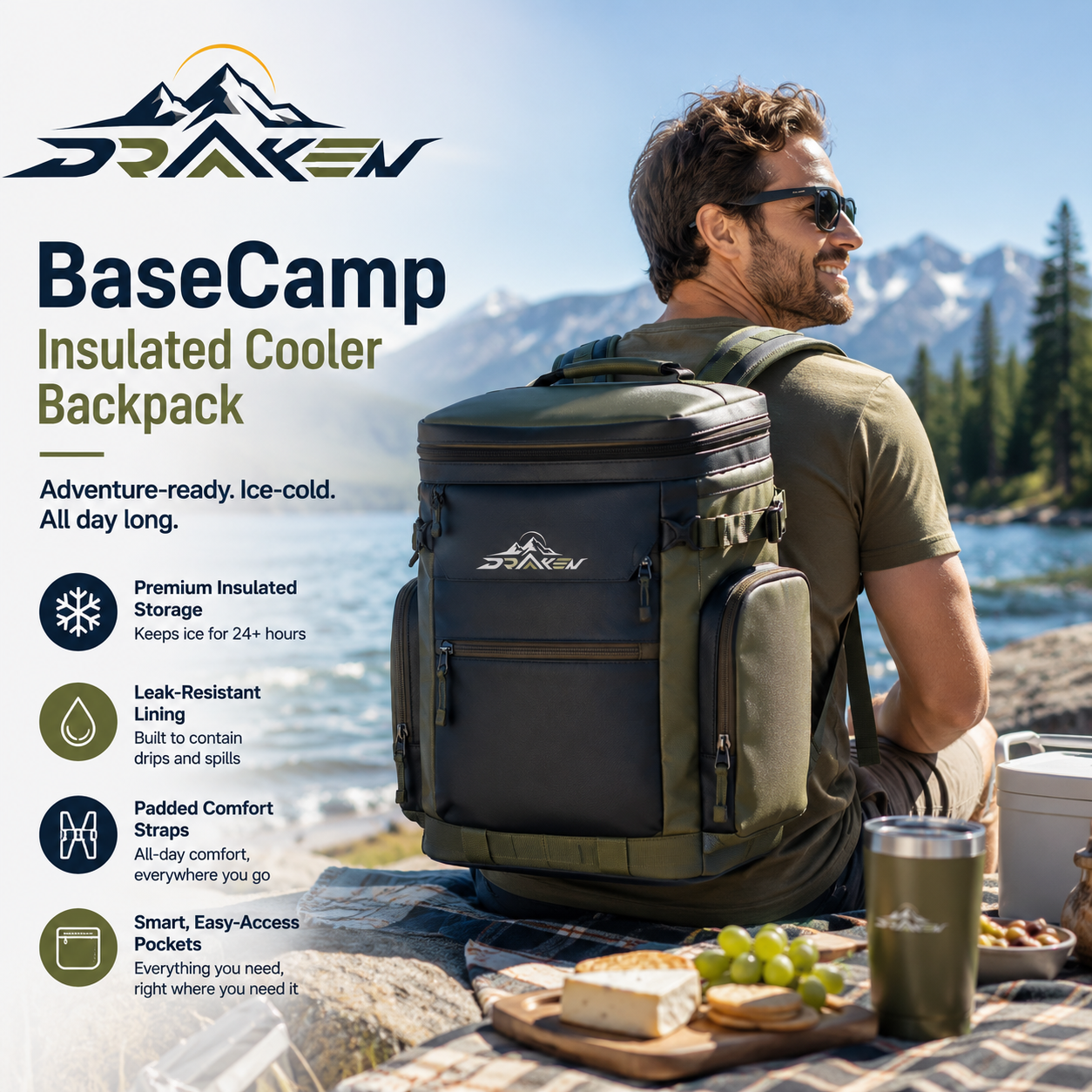 Drovaken™ BaseCamp Insulated Cooler Backpack with Padded Straps & Bottle Pockets