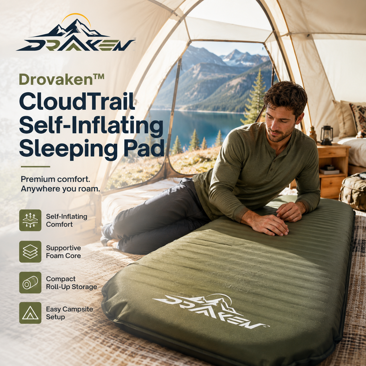 Drovaken™ CloudTrail Self-Inflating Camping Sleeping Pad with Foam Core & Carry Sack